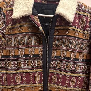 Madewell Red and Brown Bomber Jacket with Geometric Patterns